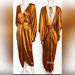 Anthropologie Satin Kaftan Tie Front Maxi Dress OS Adjustabe In Bronze NWT$200